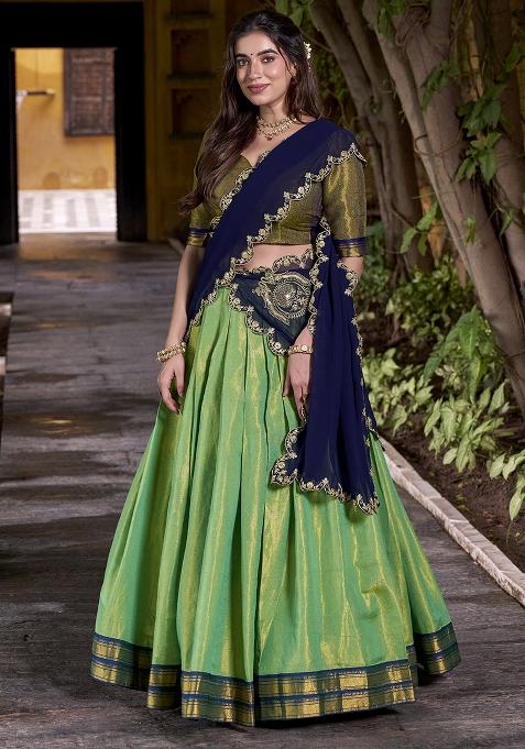 Sea Green Zari Weaving Kanchipuram Lehenga Set With Dupatta