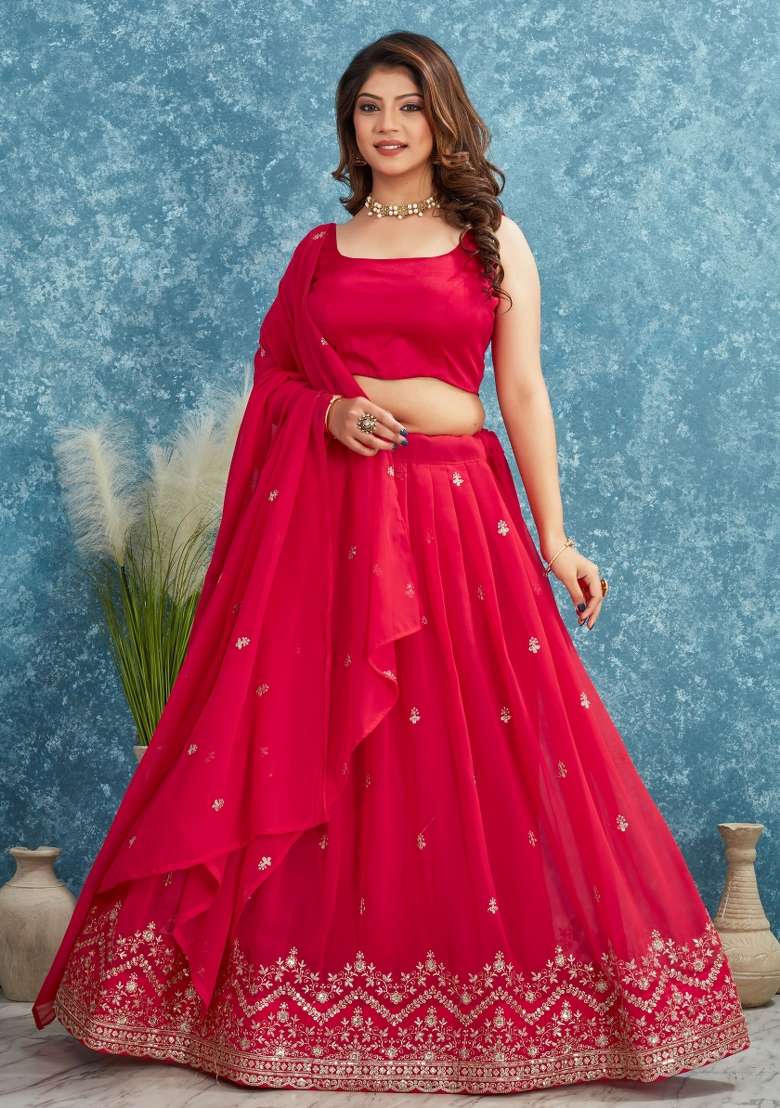 Red Embroidered Georgette Lehenga Set With Dupatta for Diwali and Festive Wear - Indya