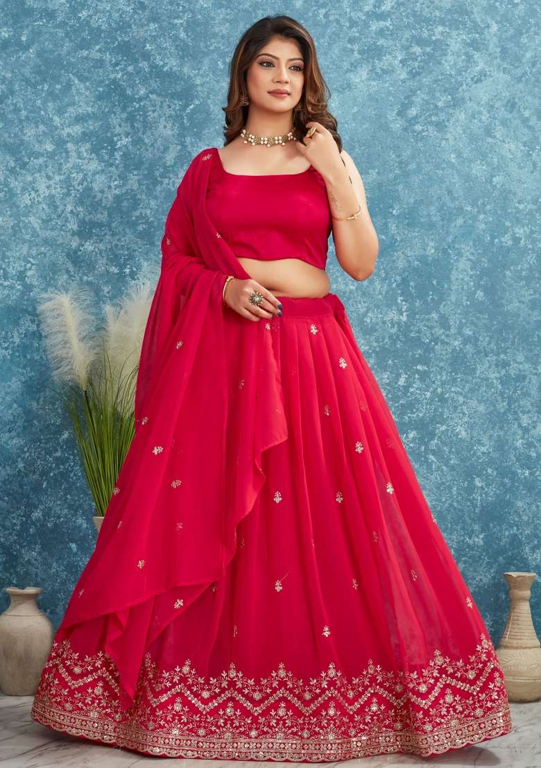 Red Embroidered Georgette Lehenga Set With Dupatta for Diwali and Festive Wear - Indya