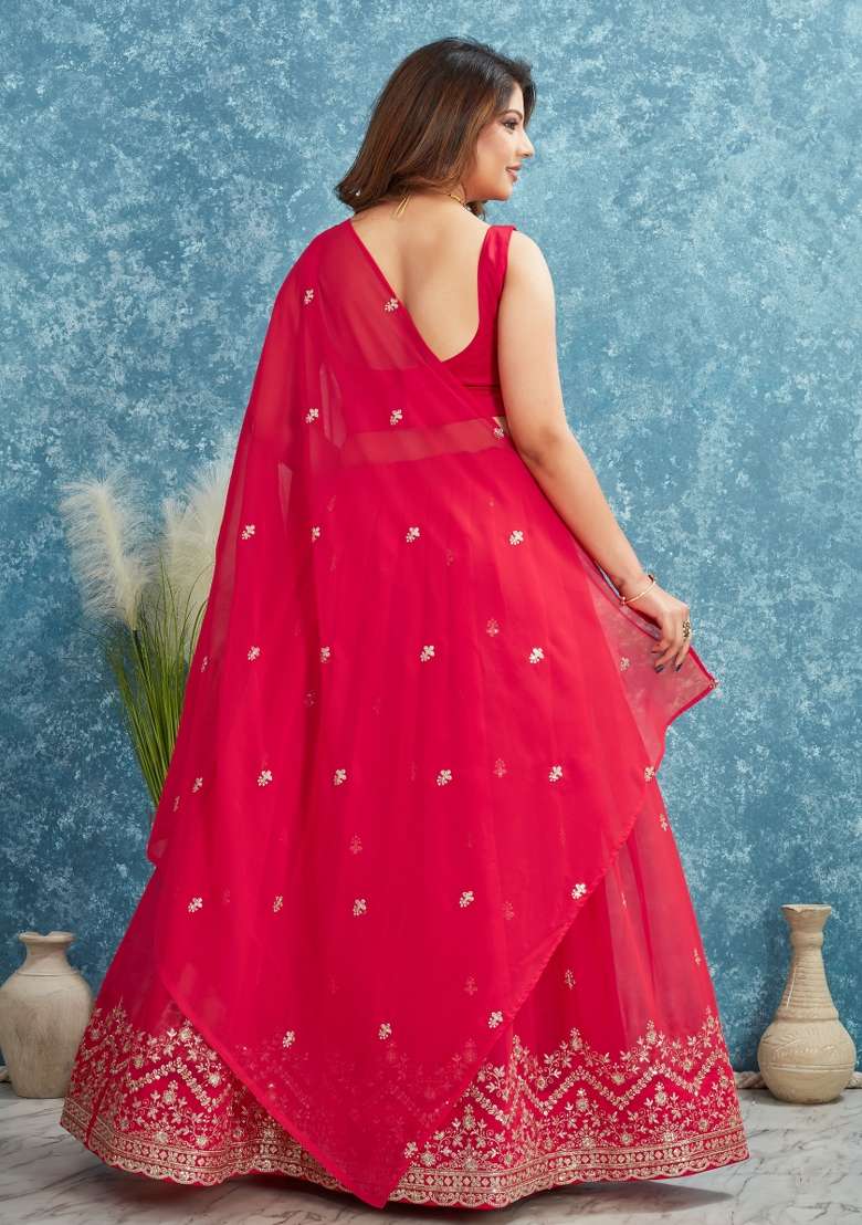 Red Embroidered Georgette Lehenga Set With Dupatta for Diwali and Festive Wear - Indya