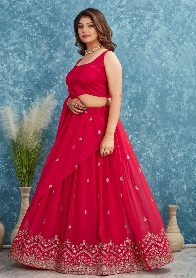 Red Embroidered Georgette Lehenga Set With Dupatta for Diwali and Festive Wear - Indya