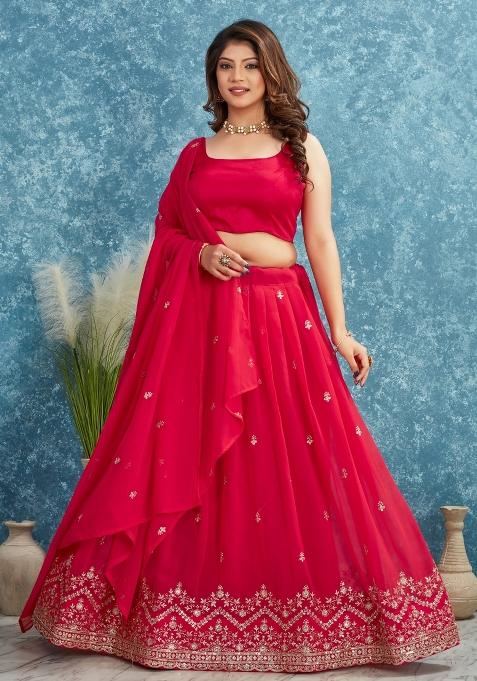 Red Embroidered Georgette Lehenga Set With Dupatta — view on Indya