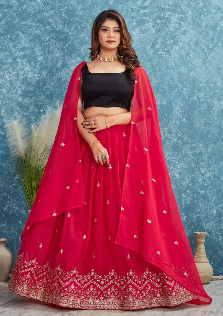 Red Embroidered Georgette Lehenga Set With Dupatta for Diwali and Festive Wear - Indya