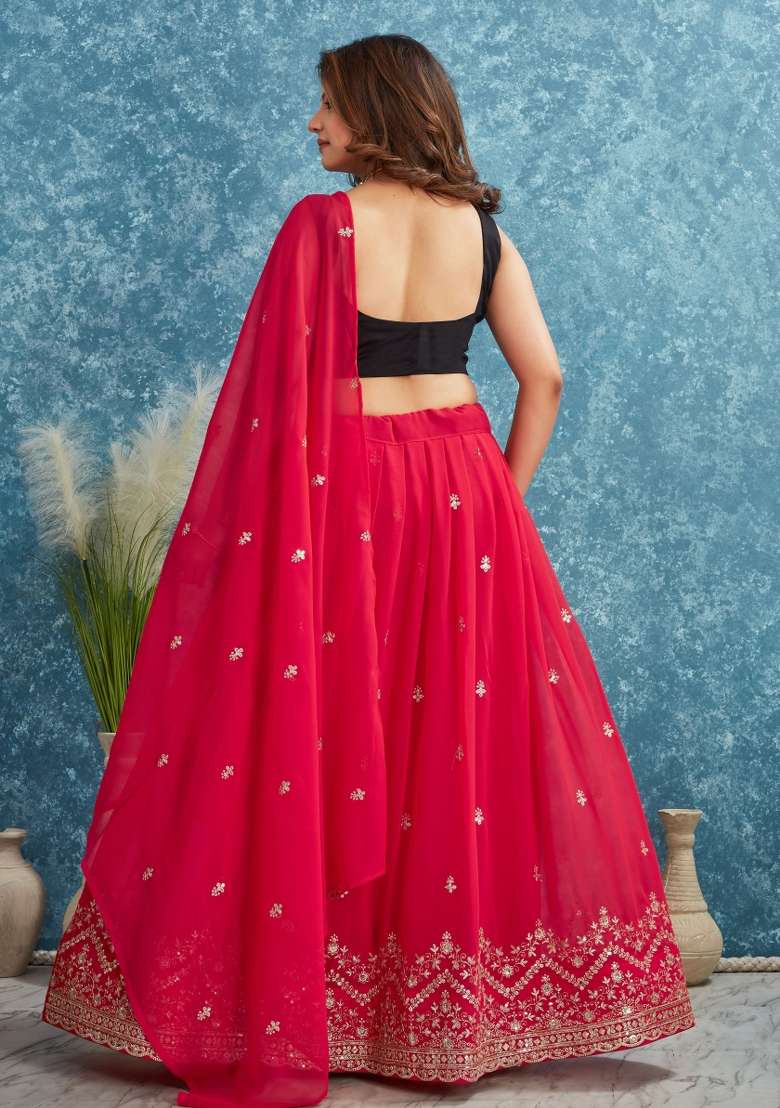 Red Embroidered Georgette Lehenga Set With Dupatta for Diwali and Festive Wear - Indya