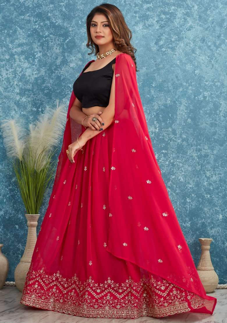 Red Embroidered Georgette Lehenga Set With Dupatta for Diwali and Festive Wear - Indya
