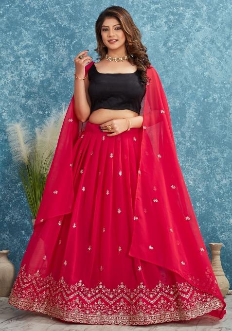 Red Embroidered Georgette Lehenga Set With Dupatta — view on Indya