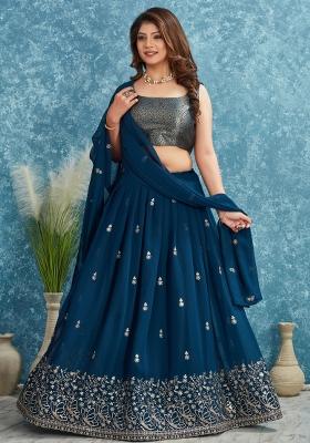 Teal Blue Embroidered Georgette Lehenga Set With Dupatta
