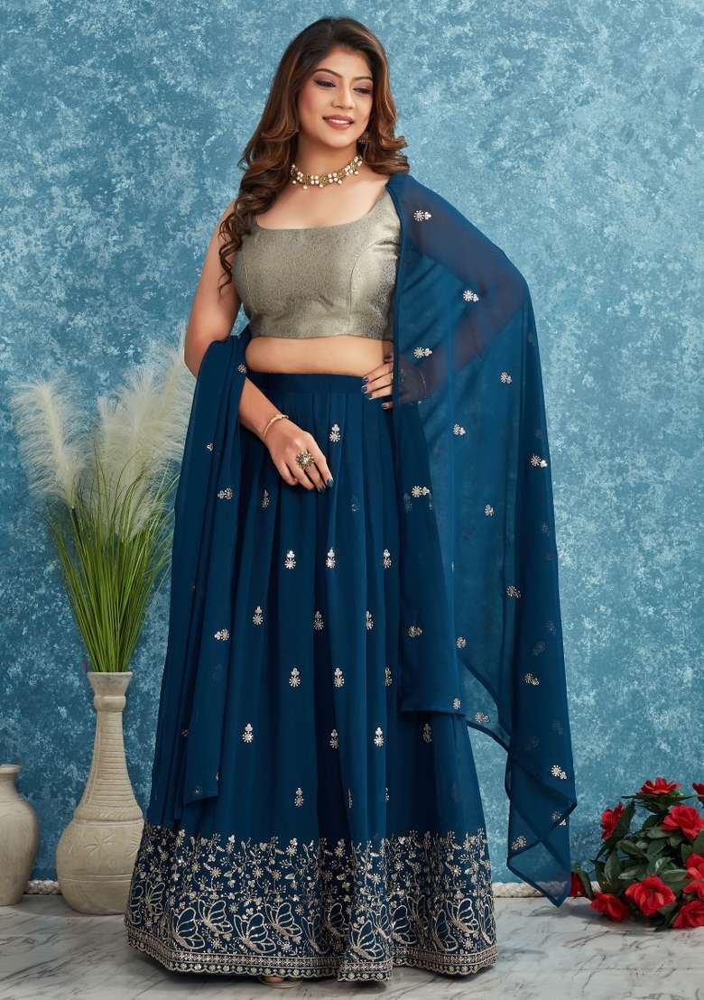 Teal Blue Embroidered Georgette Lehenga Set With Dupatta for Diwali and Festive Wear - Indya