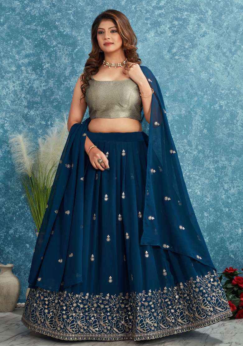 Teal Blue Embroidered Georgette Lehenga Set With Dupatta for Diwali and Festive Wear - Indya
