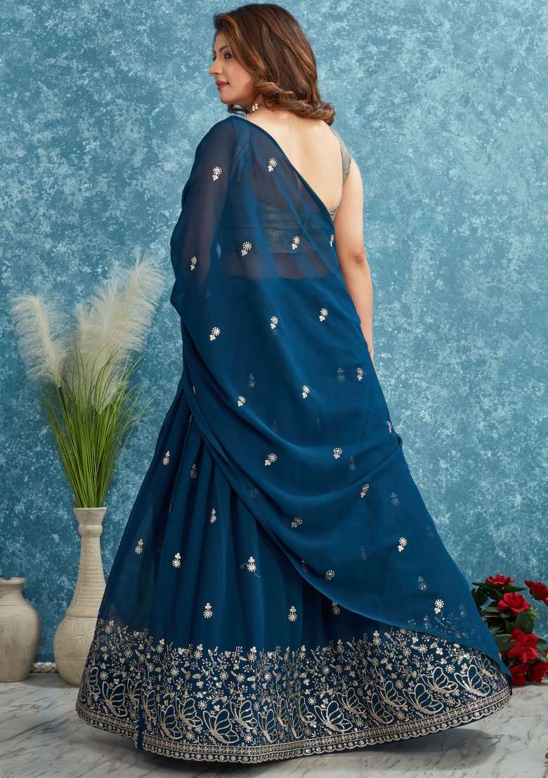 Teal Blue Embroidered Georgette Lehenga Set With Dupatta for Diwali and Festive Wear - Indya