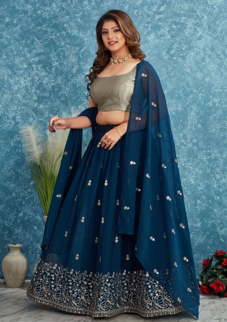 Teal Blue Embroidered Georgette Lehenga Set With Dupatta for Diwali and Festive Wear - Indya
