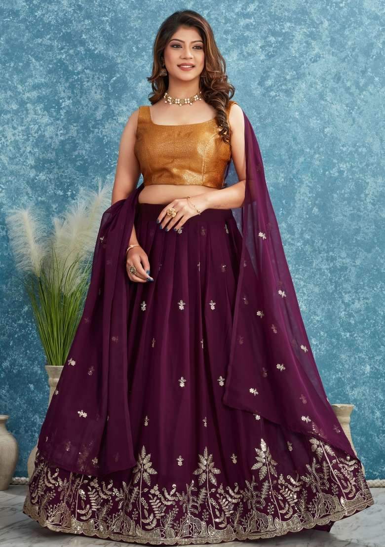 Wine With Dupatta Georgette Lehenga Set with Embroidered for Diwali | Wedding & Festive Wear - Indya