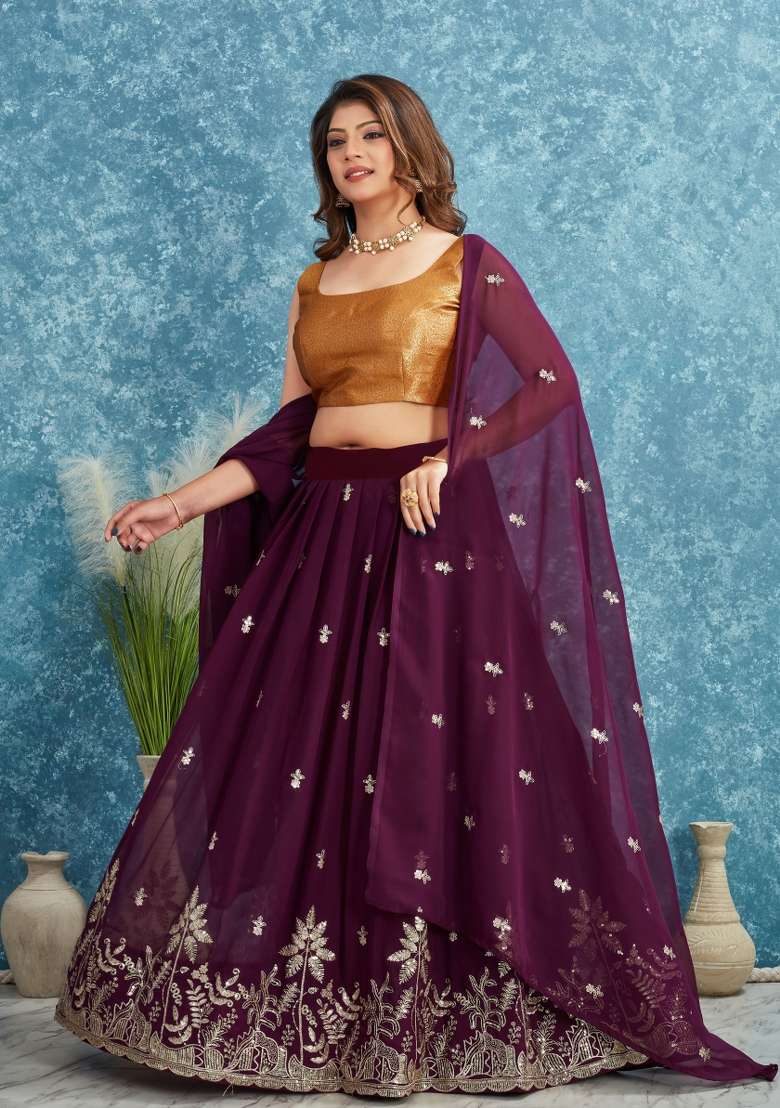 Wine With Dupatta Georgette Lehenga Set with Embroidered for Diwali | Wedding & Festive Wear - Indya