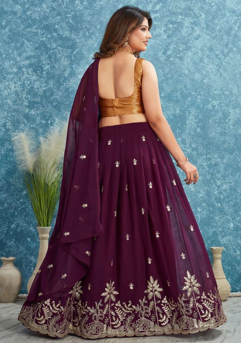Wine With Dupatta Georgette Lehenga Set with Embroidered for Diwali | Wedding & Festive Wear - Indya