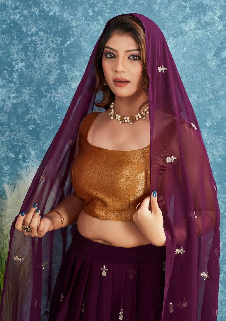 Wine With Dupatta Georgette Lehenga Set with Embroidered for Diwali | Wedding & Festive Wear - Indya