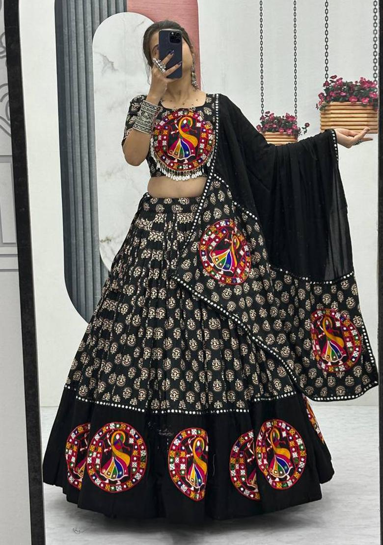 Black Printed Cotton Lehenga Set - Indya