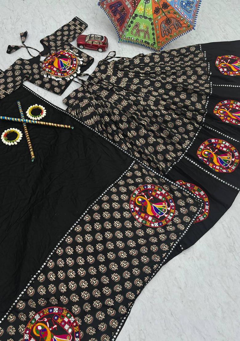 Black Printed Cotton Lehenga Set - Indya