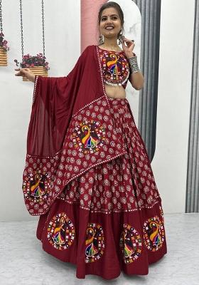 Red Printed Cotton Lehenga Set