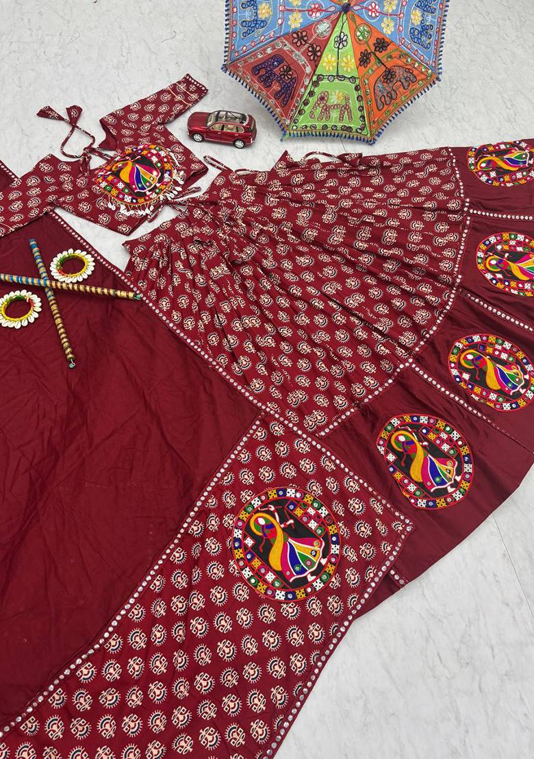 Red Printed Cotton Lehenga Set - Indya