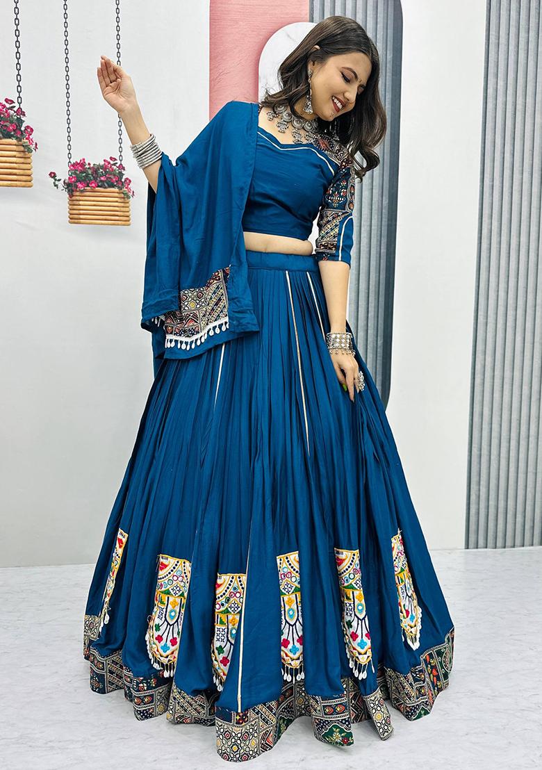 Blue Printed Cotton Lehenga Set - Indya