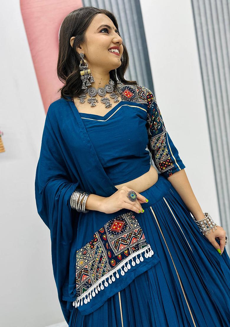 Blue Printed Cotton Lehenga Set - Indya