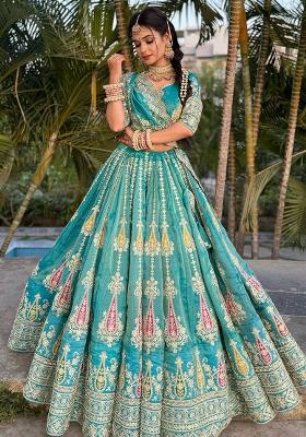 Teal Printed Shimmer Organza Lehenga Set