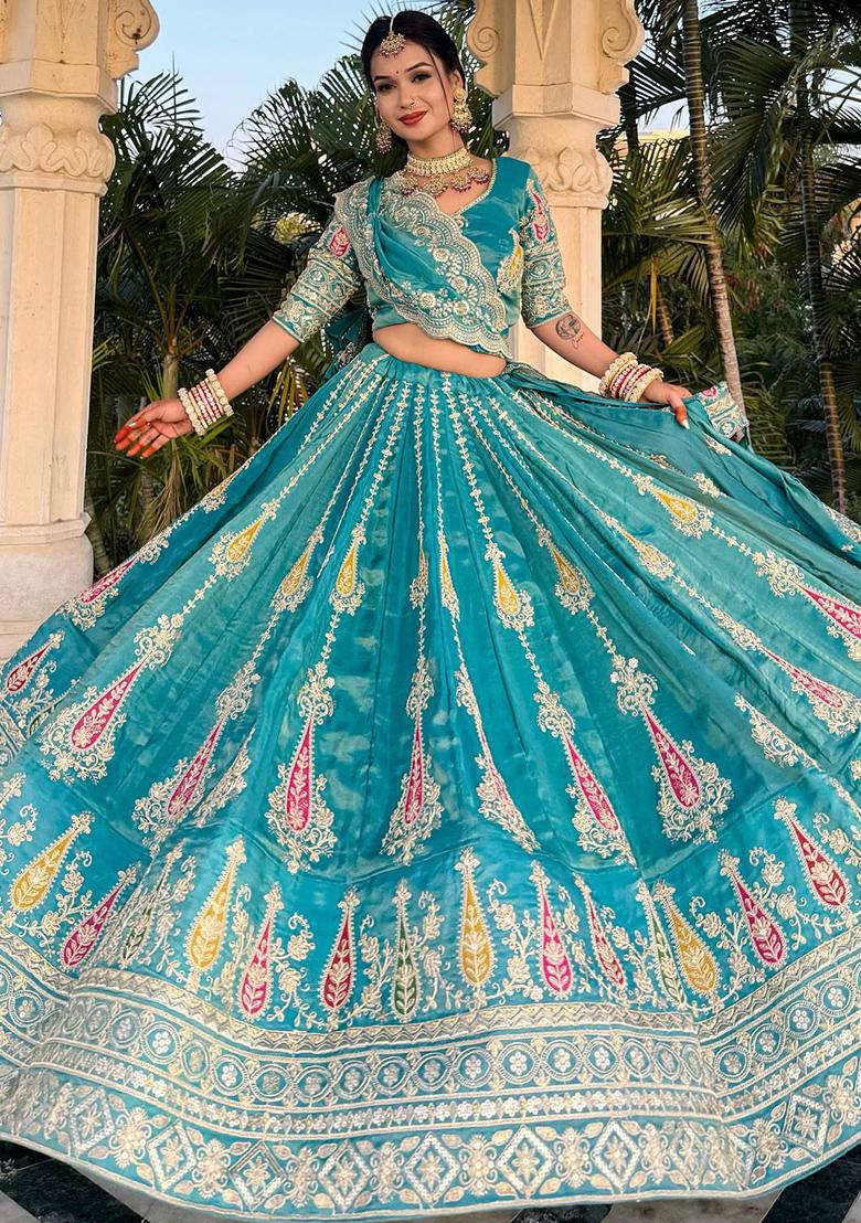 Teal Printed Shimmer Organza Lehenga Set - Indya