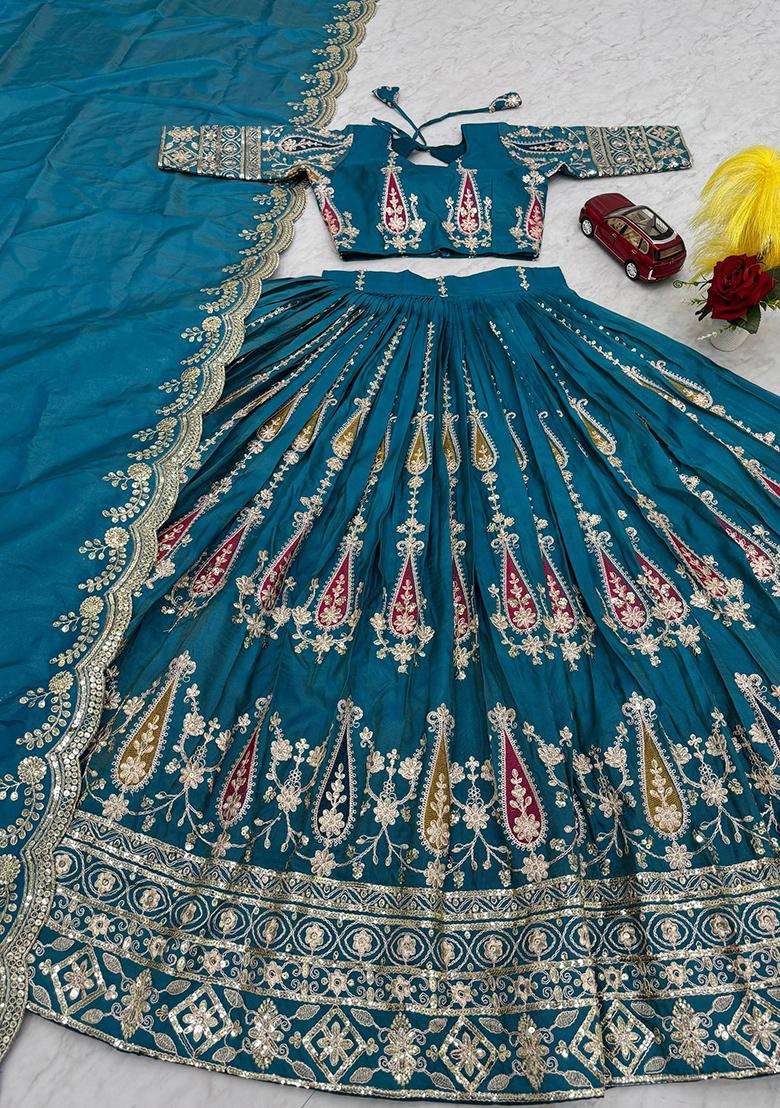 Teal Printed Shimmer Organza Lehenga Set - Indya
