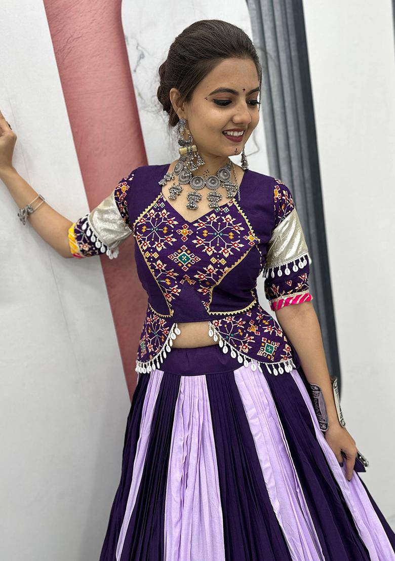 Purple Printed Cotton Lehenga Set - Indya