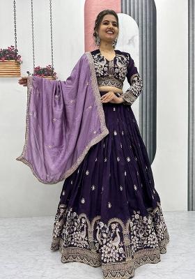 Purple Printed Silk Lehenga Set