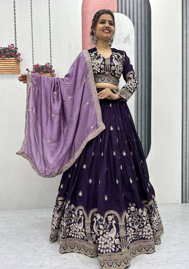 Purple Silk Blend Lehenga Set with Printed for Diwali | Wedding & Festive Wear - Indya