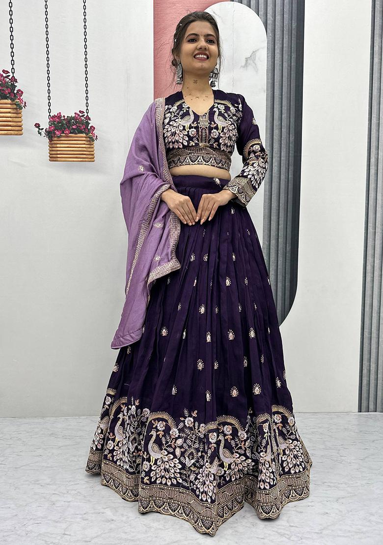 Purple Printed Silk Lehenga Set - Indya