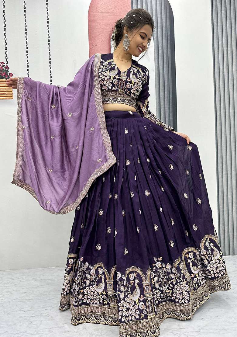 Purple Silk Blend Lehenga Set with Printed for Diwali | Wedding & Festive Wear - Indya
