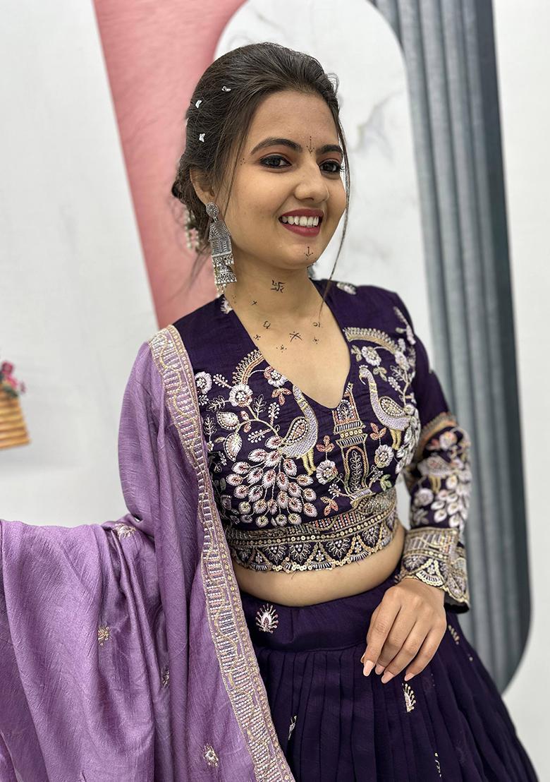 Purple Printed Silk Lehenga Set - Indya