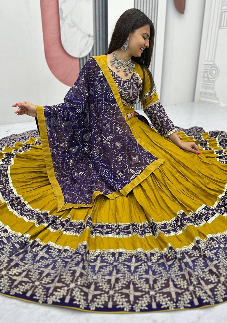 Yellow Printed Cotton Lehenga Set - Indya