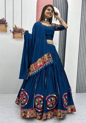 Blue Printed Cotton Lehenga Set