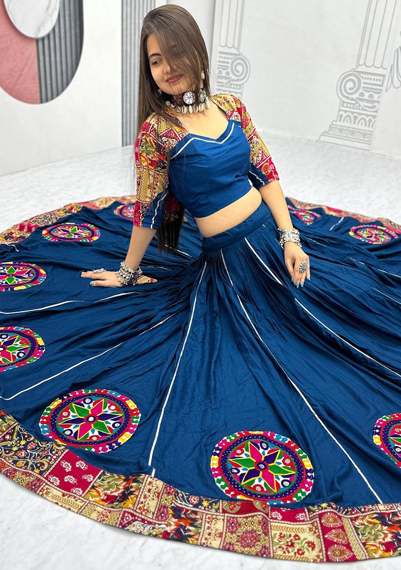 Blue Printed Cotton Lehenga Set - Indya