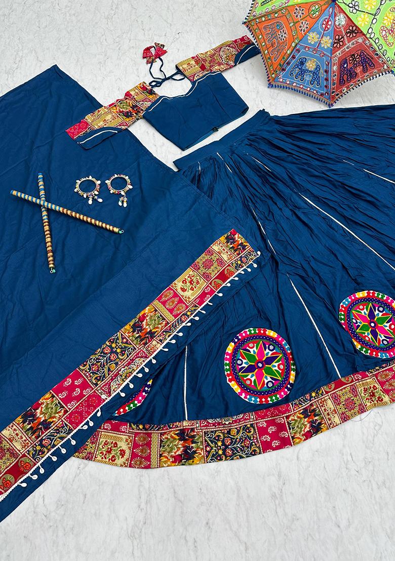 Blue Printed Cotton Lehenga Set - Indya
