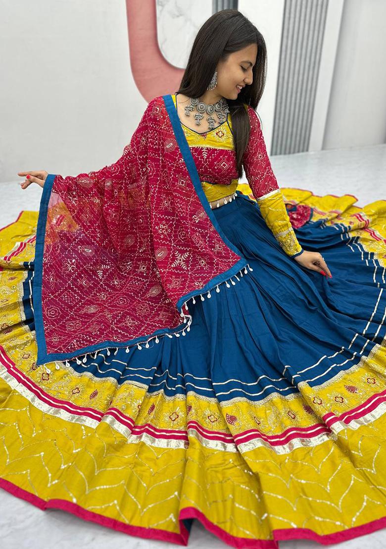 Blue Printed Cotton Lehenga Set - Indya