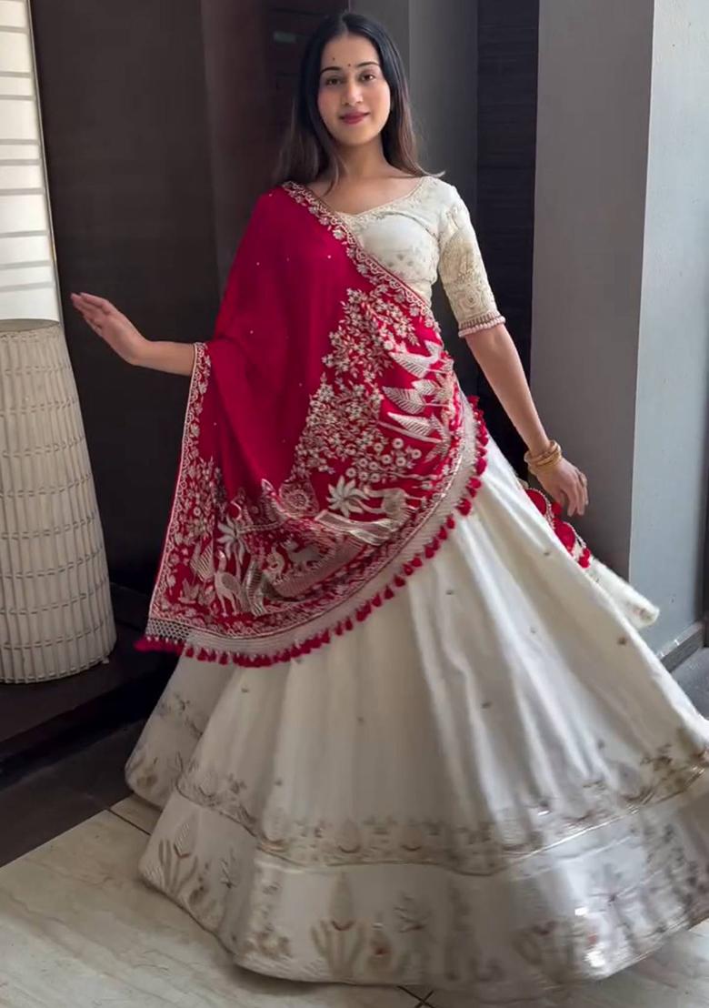 White Printed Silk Lehenga Set - Indya