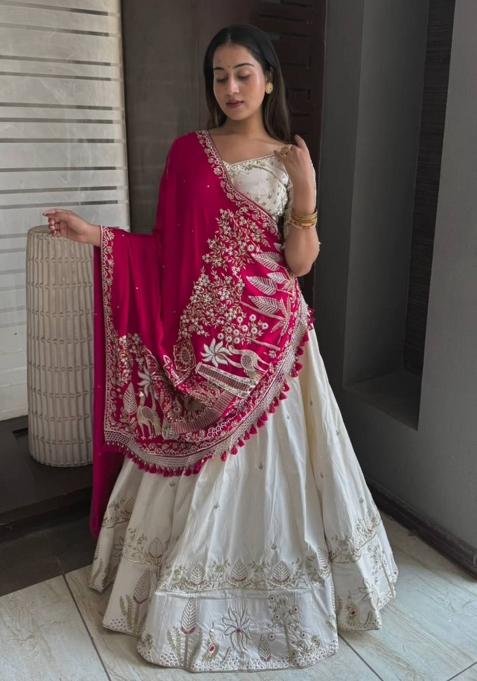 White Printed Silk Lehenga Set — view on Indya