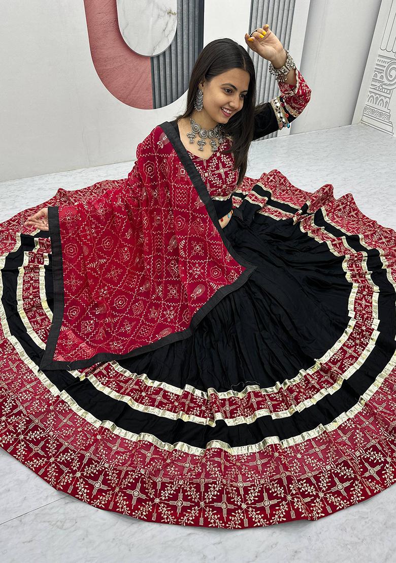 Black Printed Cotton Lehenga Set - Indya