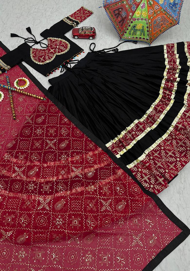 Black Printed Cotton Lehenga Set - Indya