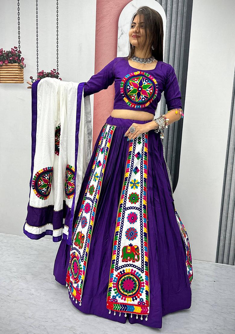 Purple Printed Cotton Lehenga Set - Indya