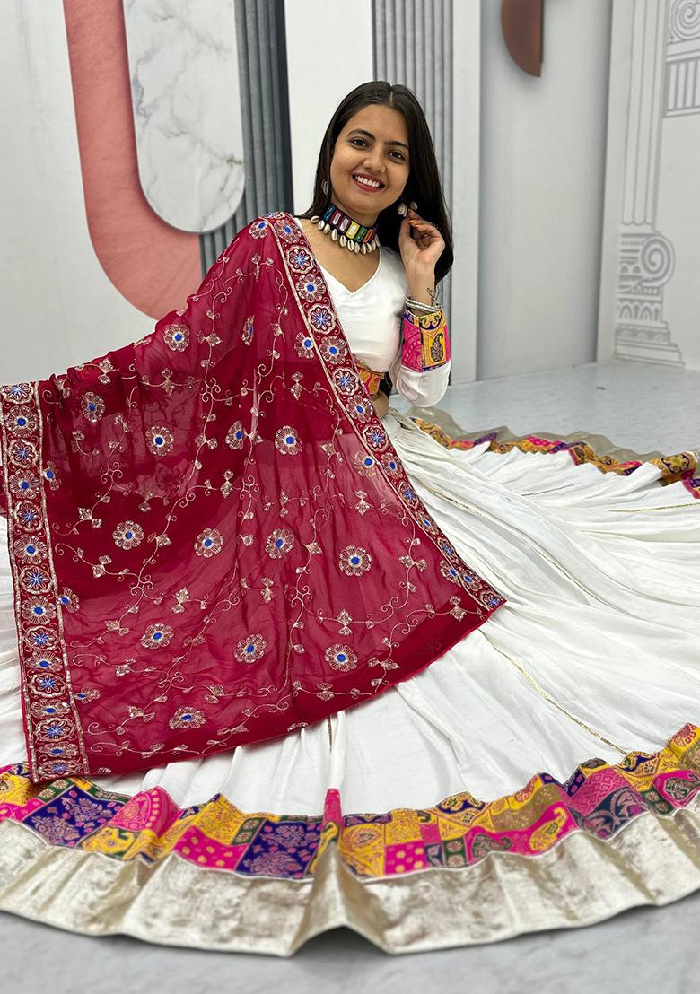 White Printed Cotton Lehenga Set - Indya