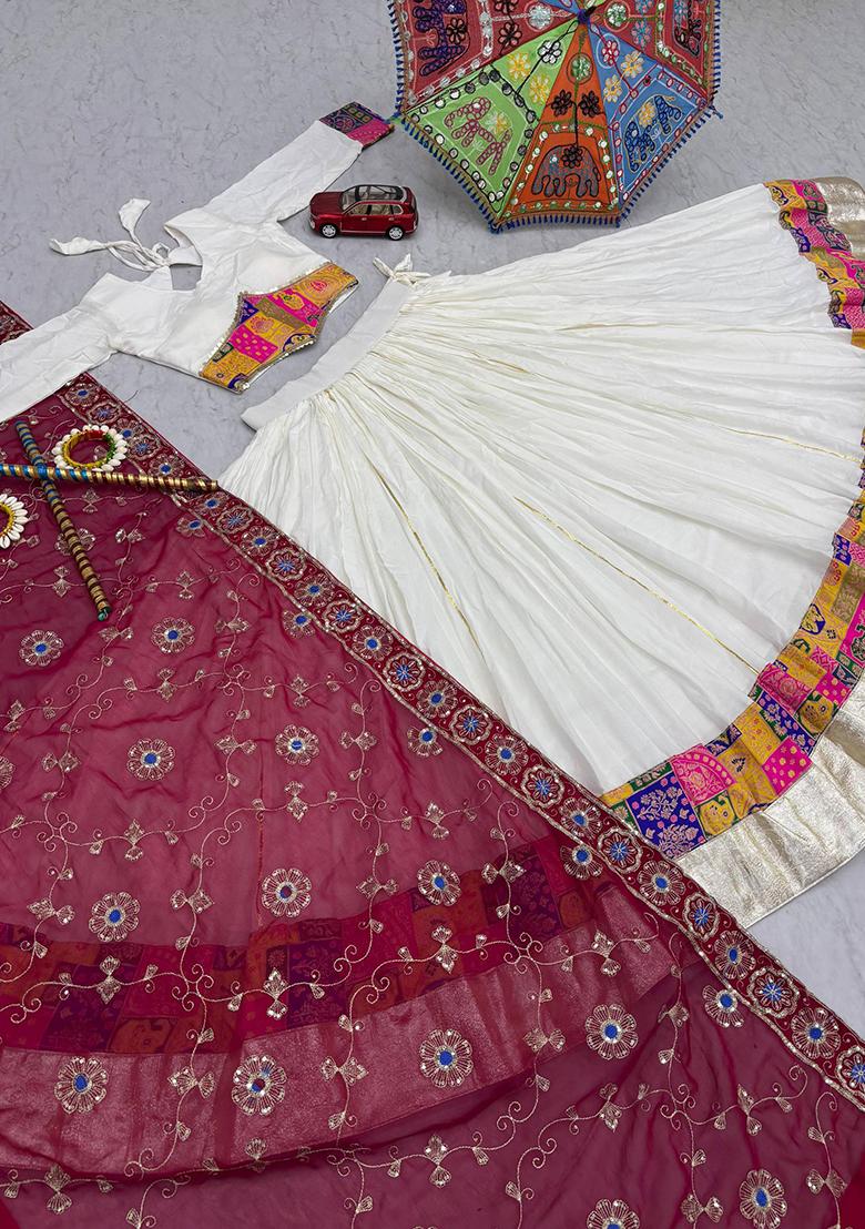 White Printed Cotton Lehenga Set - Indya