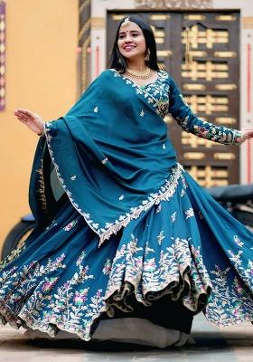 Blue Embroidered Chinon Lehenga Set