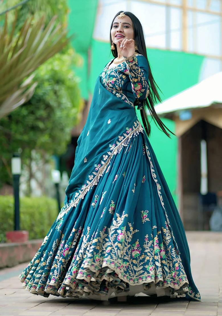 Blue Embroidered Chinon Lehenga Set - Indya