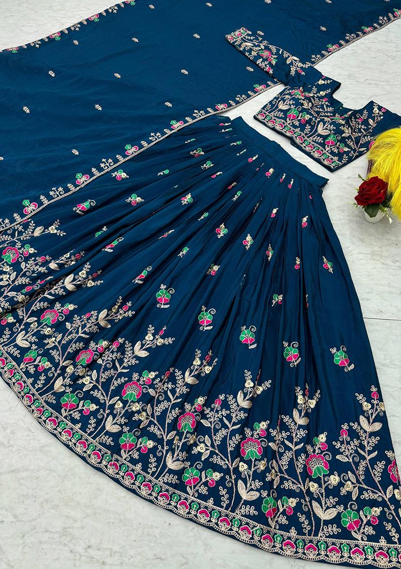 Blue Embroidered Chinon Lehenga Set - Indya