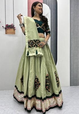 Green Embroidered Cotton Lehenga Set